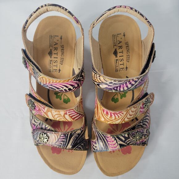 L'Artiste Bonvoyage Sandals size 38 Navy Multi Leather Hand Painted Floral Boho - Picture 13 of 13
